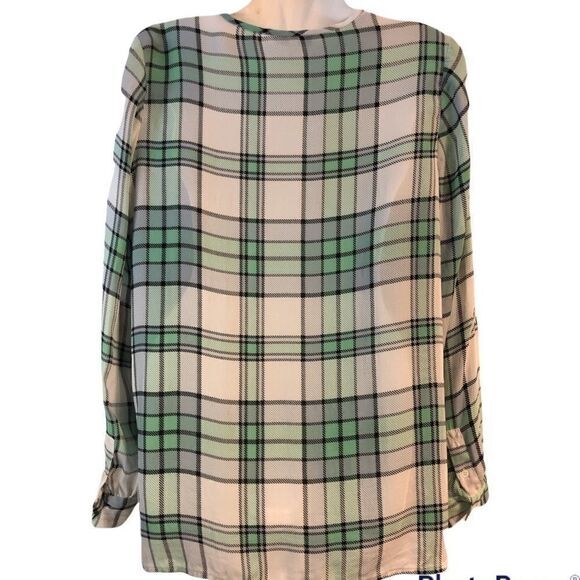 Joie plaid silk long or tabbed‎ sleeve button front  rounded neckline Size Small - Picture 3 of 5